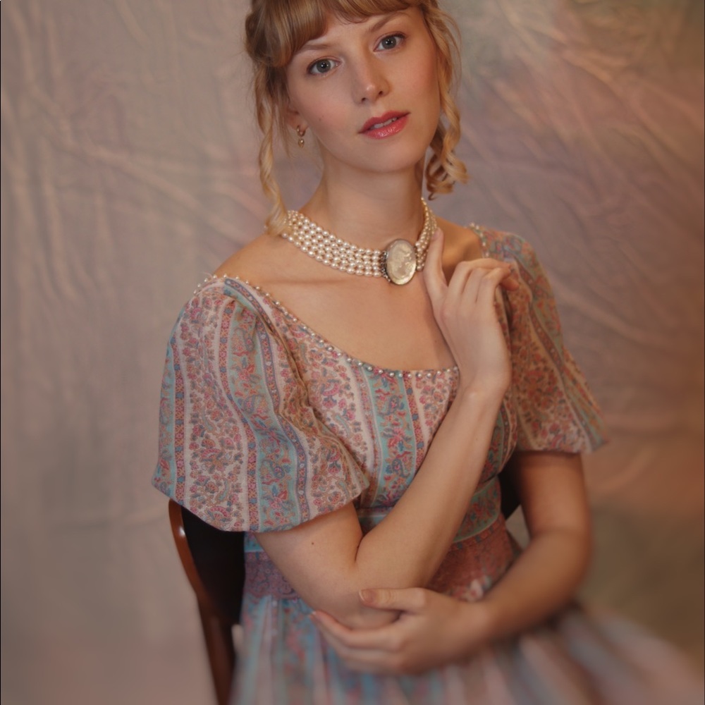 Regency style empire waist blue and pink dress